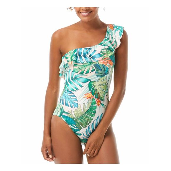 VINCE CAMUTO Women's Green Ruffled One Shoulder One Piece Swimsuit 10 - Picture 1 of 2
